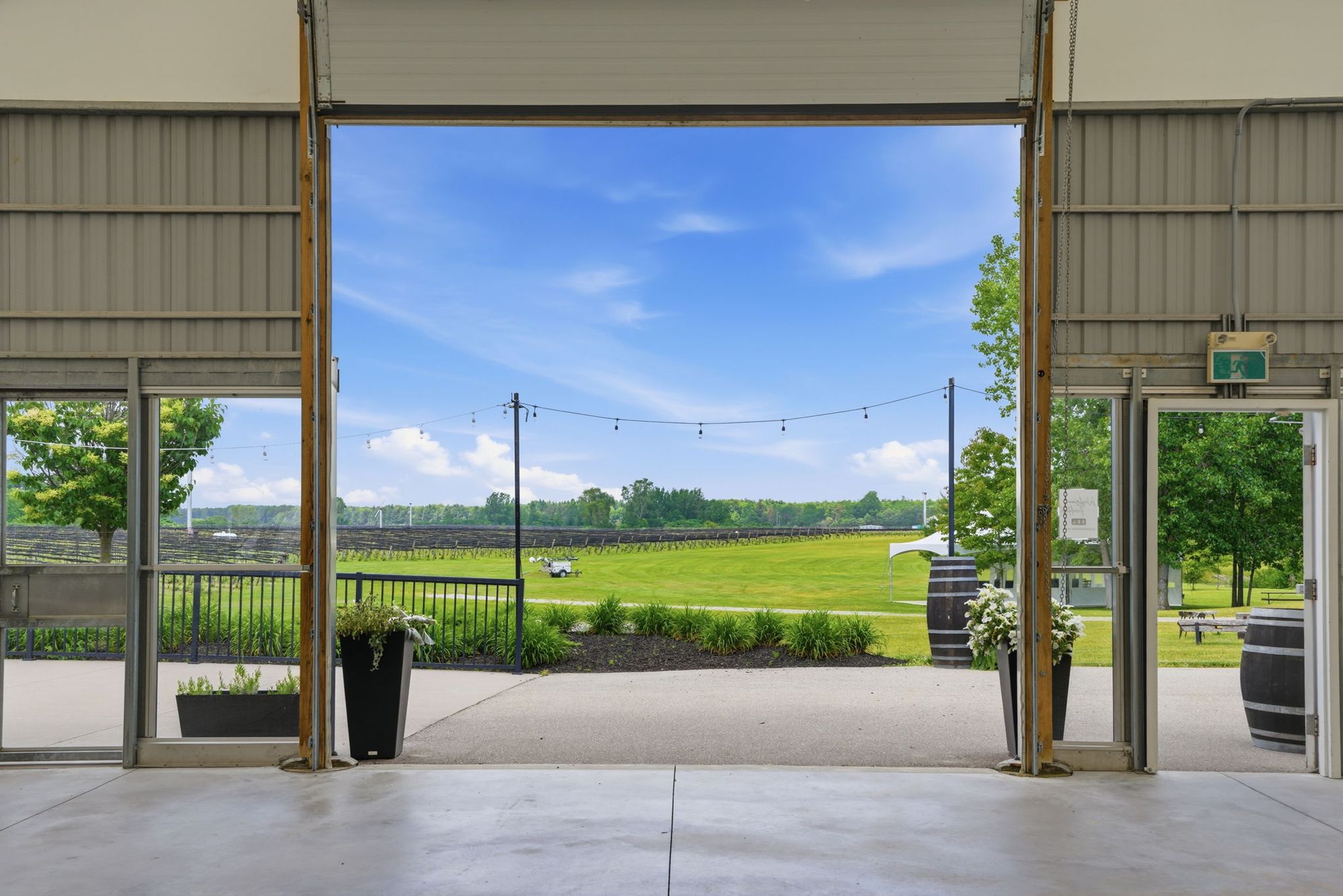 The event space's big doors open to the lawn and the vines