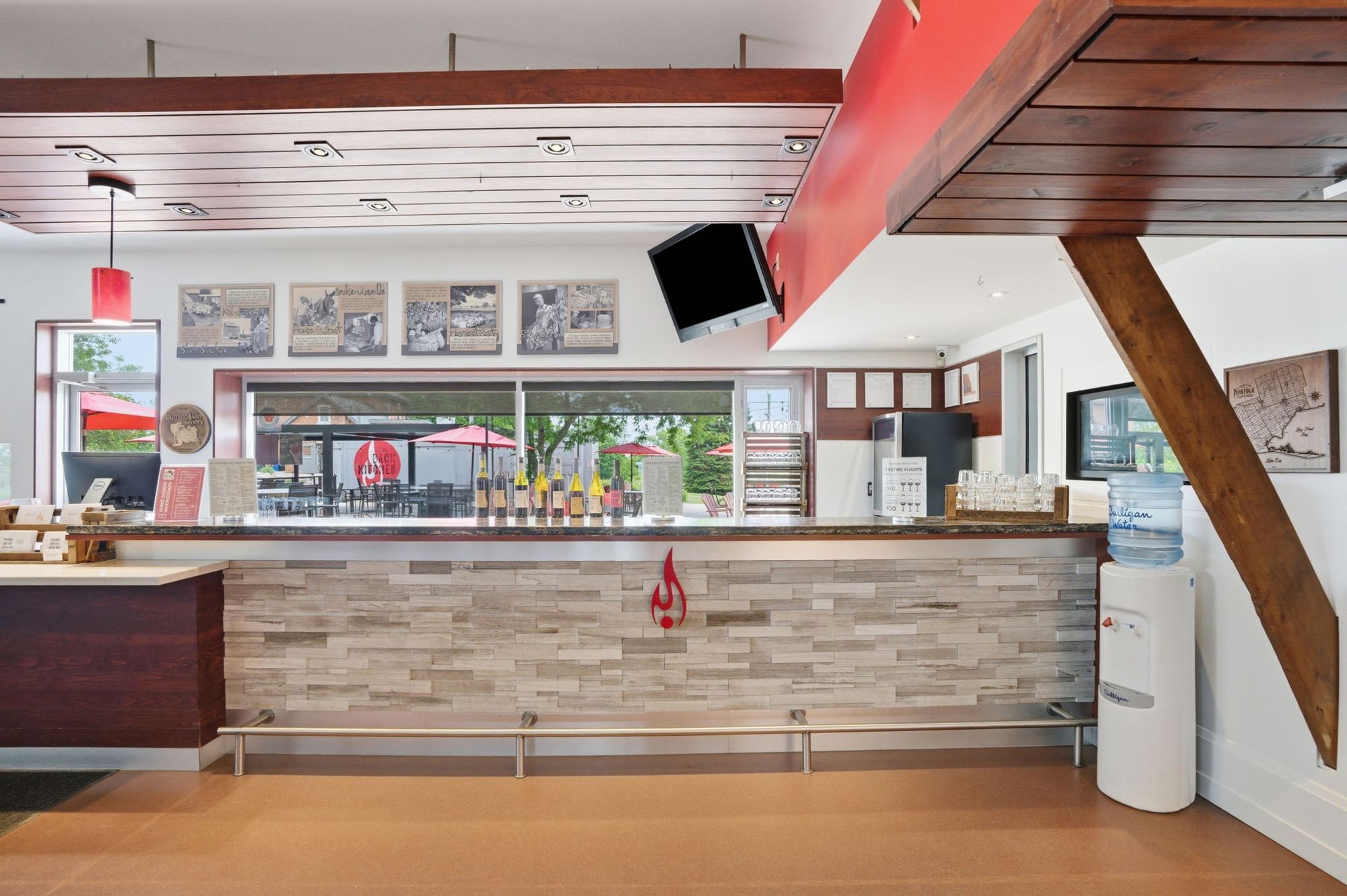 The tasting counter and the window out to the patio