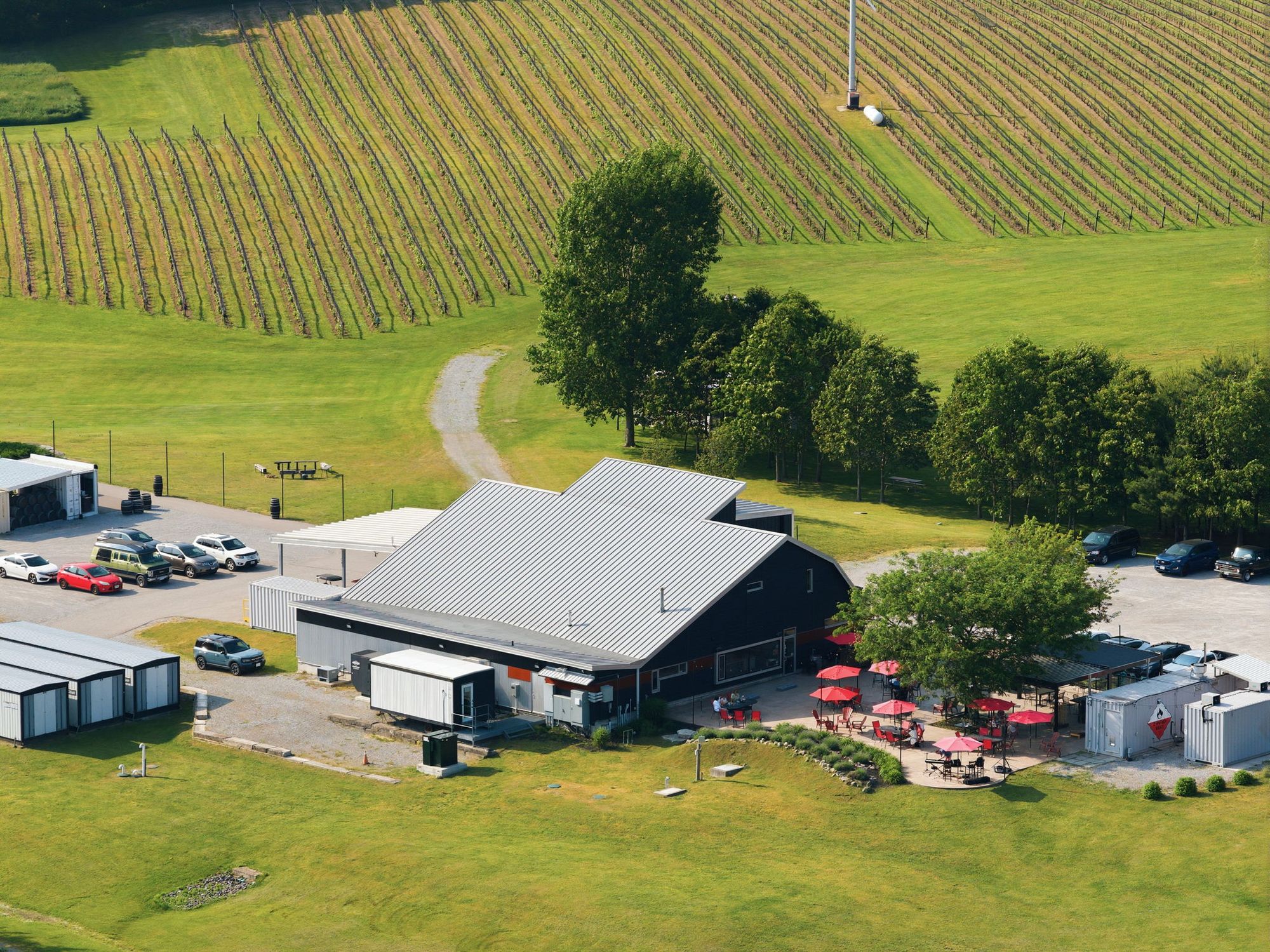 The winery and the patio below the vineyard, from the air